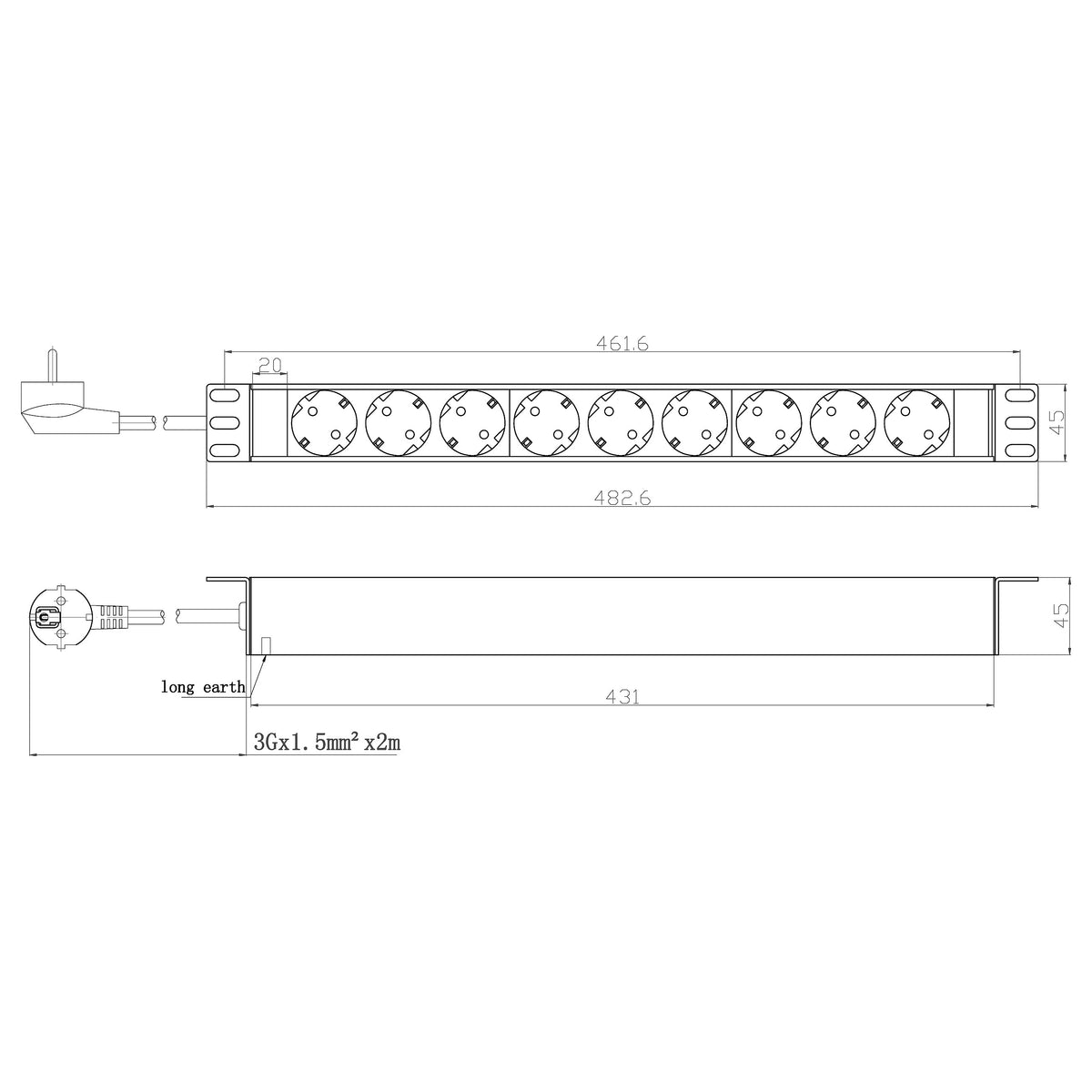 19" 1HE Steckdosenleiste 9xCEE 7/3 ohne Schalter,Alu,sw