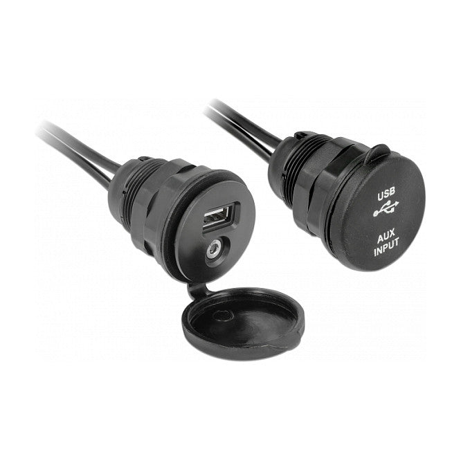 Kabel USB Typ A Stecker + 3,5 mm 4 Pin Klinkenstecker > Einbaubuchse mit Verschlussdeckel USB Typ A Buchse + 3,5 mm 4 Pin Klinkenbuchse (Audio)
