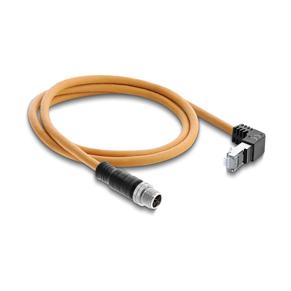 M12 Kabel X-kodiert 8 Pin Stecker gerade zu RJ45 Stecker nach oben gewinkelt S/FTP geschirmt 1 m orange