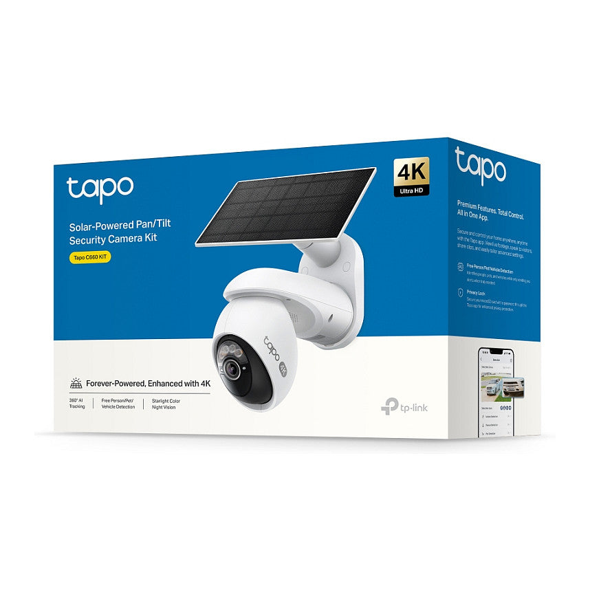 Pan/Tilt Security Camera Kit SPEC:4K 8MP (38402160), 2.4 GHz/5 GHz, 10000mAh rechargeable lithium-ion battery, Solar panel (5.2V, 2.5W)