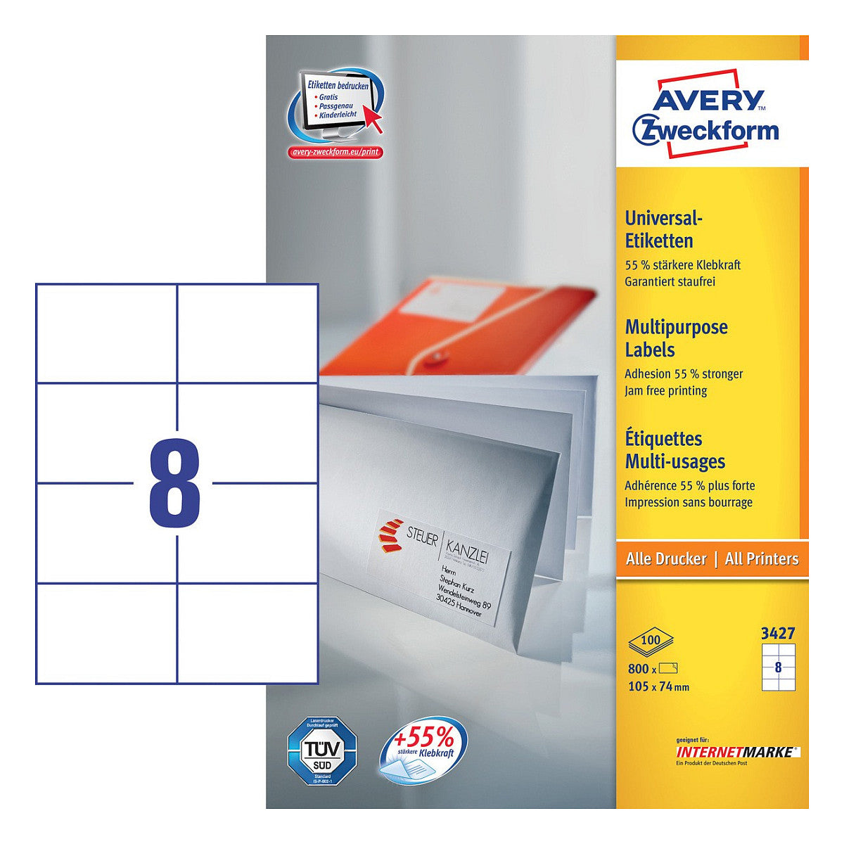 AVERY Zweckform Etiketten 3427 weiß 105,0 x 74,0 mm - 800 Stück