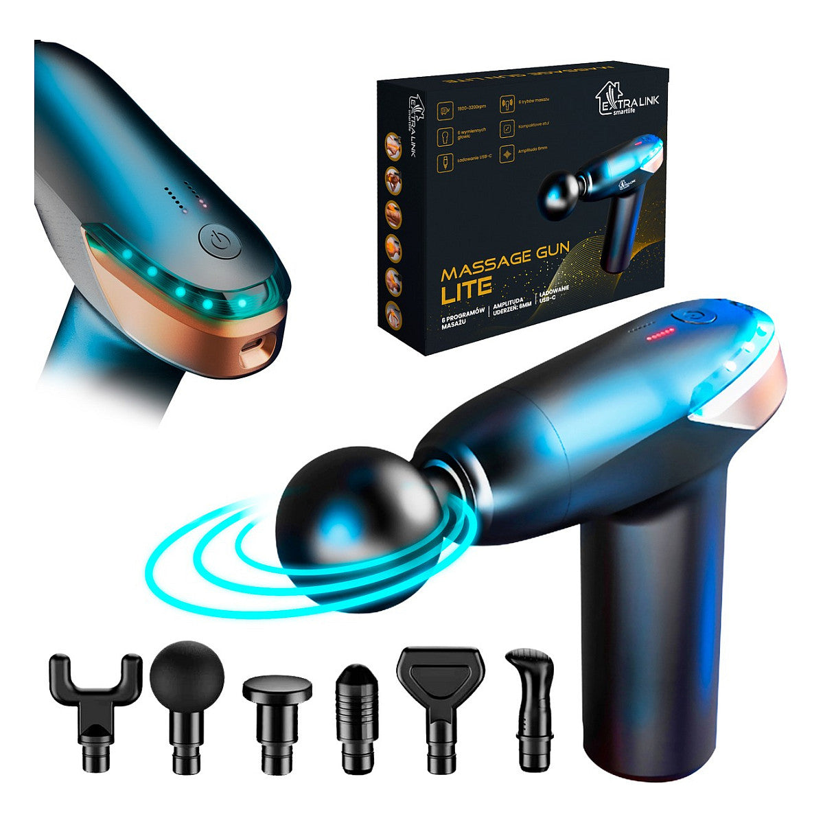 Extralink Massage Gun Lite, 3200 U/min, 6 Austauschbare Aufsätze