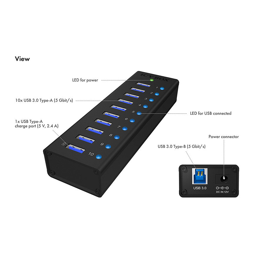 HUB 10 Port. Ladeport Aluminium-mit Netzteil ICY BOX