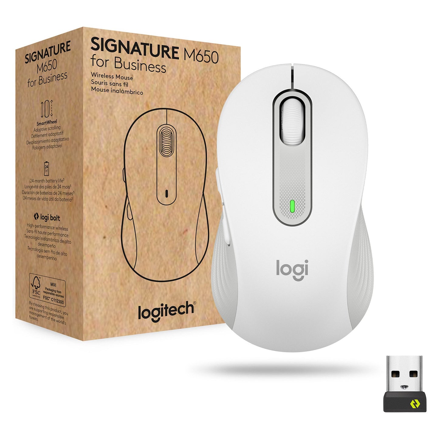 Logitech Signature M650 wireless Bluetooth 2.4 GHz Bolt USB receiver off-white