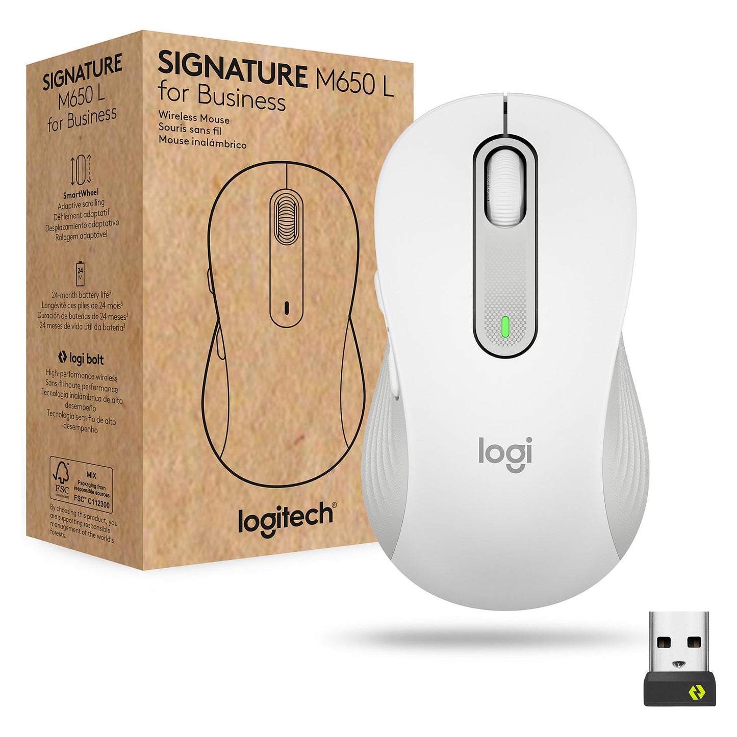 Logitech Signature M650 L right-handed 5 buttons wireless Bluetooth 2.4 GHz Bolt USB receiver