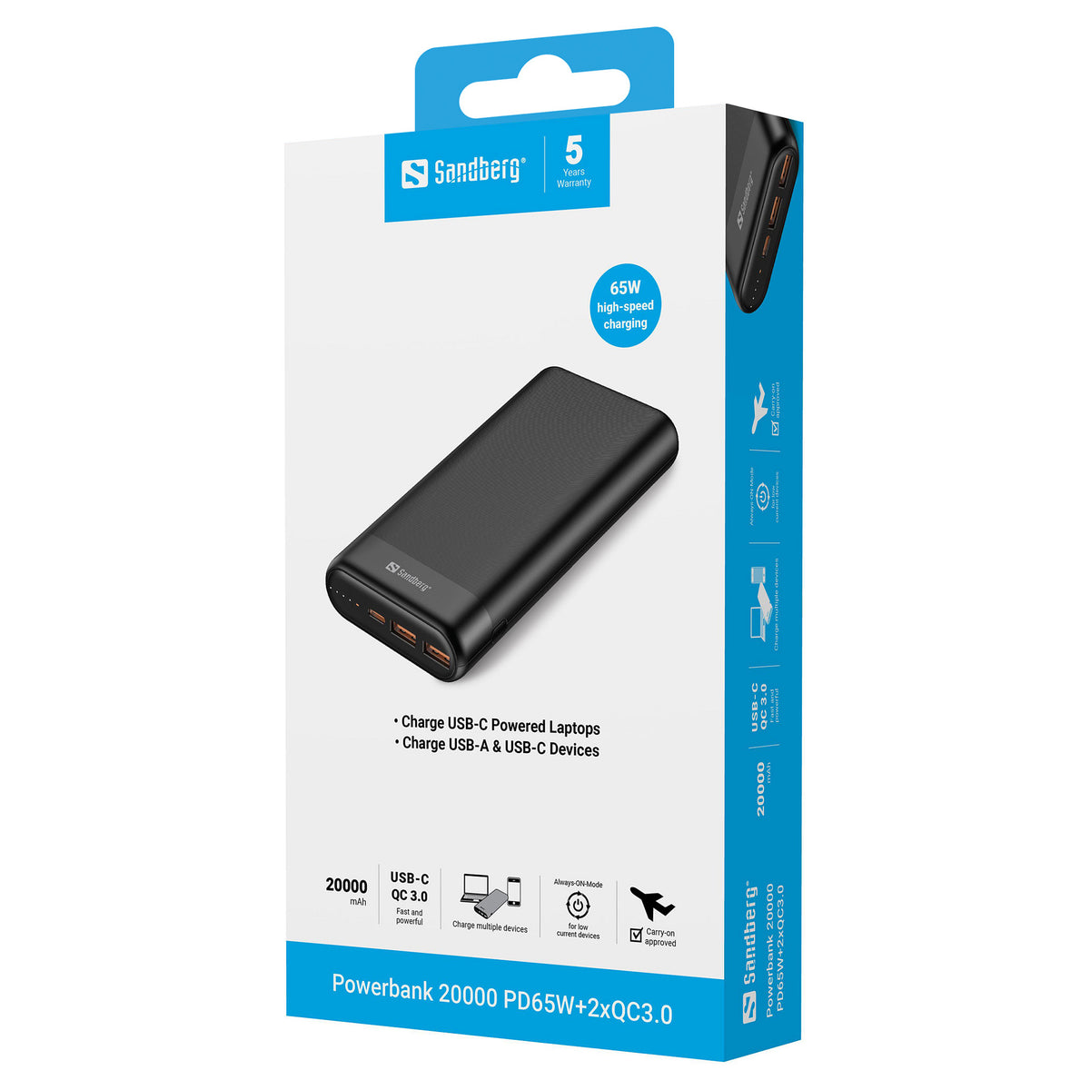 Sandberg 420-62 Powerbank 20000mAh 65W QC3.0 USB-C/2xUSB-A Schwarz