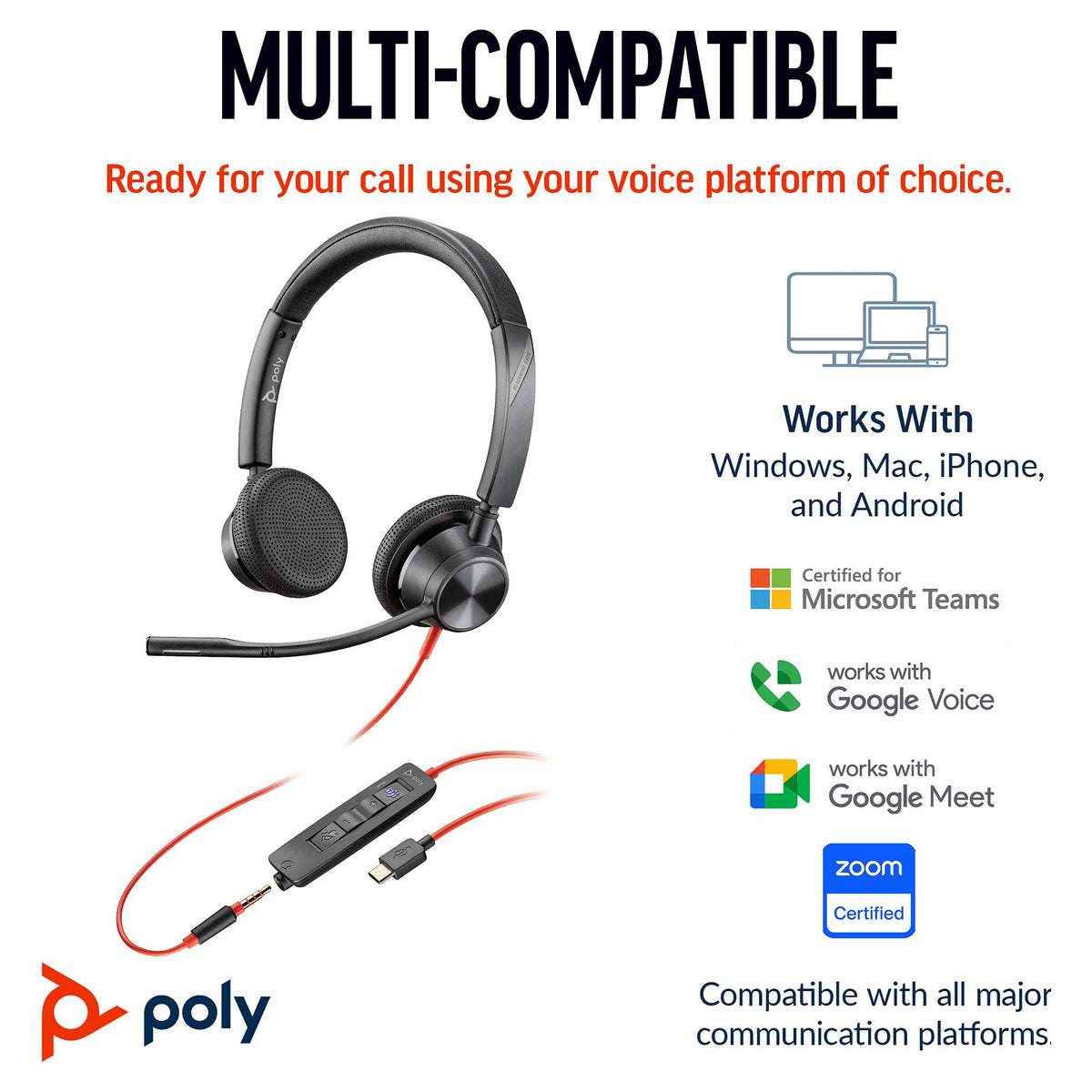 HP Poly Blackwire 3325 Stereo Microsoft Teams Certified USB-C Headset +3.5mm Plug +USB-C/A Adapter (214016-01)