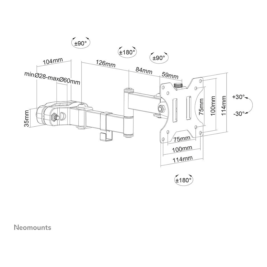 Stangenhalterung. voll beweglich. (Ø28-60 mm) für 17-32" Bildschirme 8KG FL40-450BL11 Neomounts