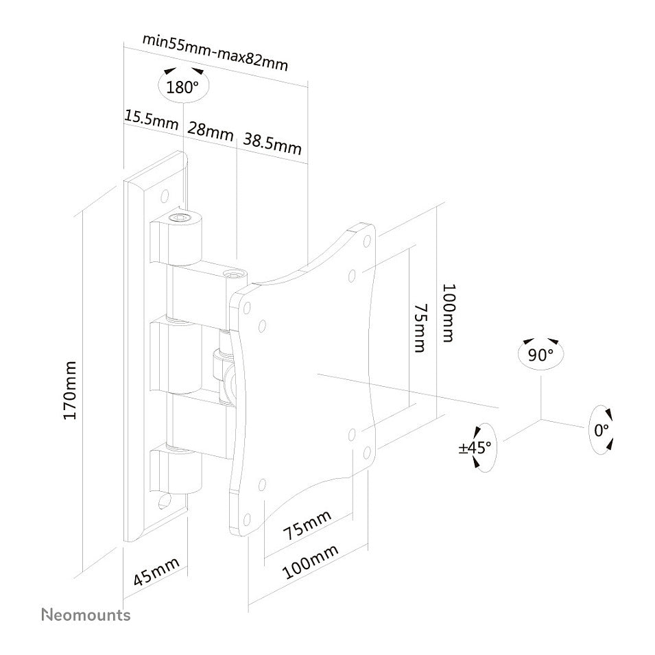 Neomounts Wandhalterung mit zwei Drehpunkten für Flachbildschirme bis 27" (69 cm) 12KG FPMA-W810BLACK Neomounts