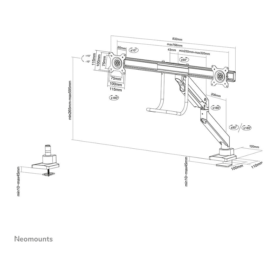 Neomounts Tischhalterung mit Tischhalterungsgriff für zwei Flachbildschirme bis 32" (81 cm) 8KG NM-D775DXBLACK Neomounts