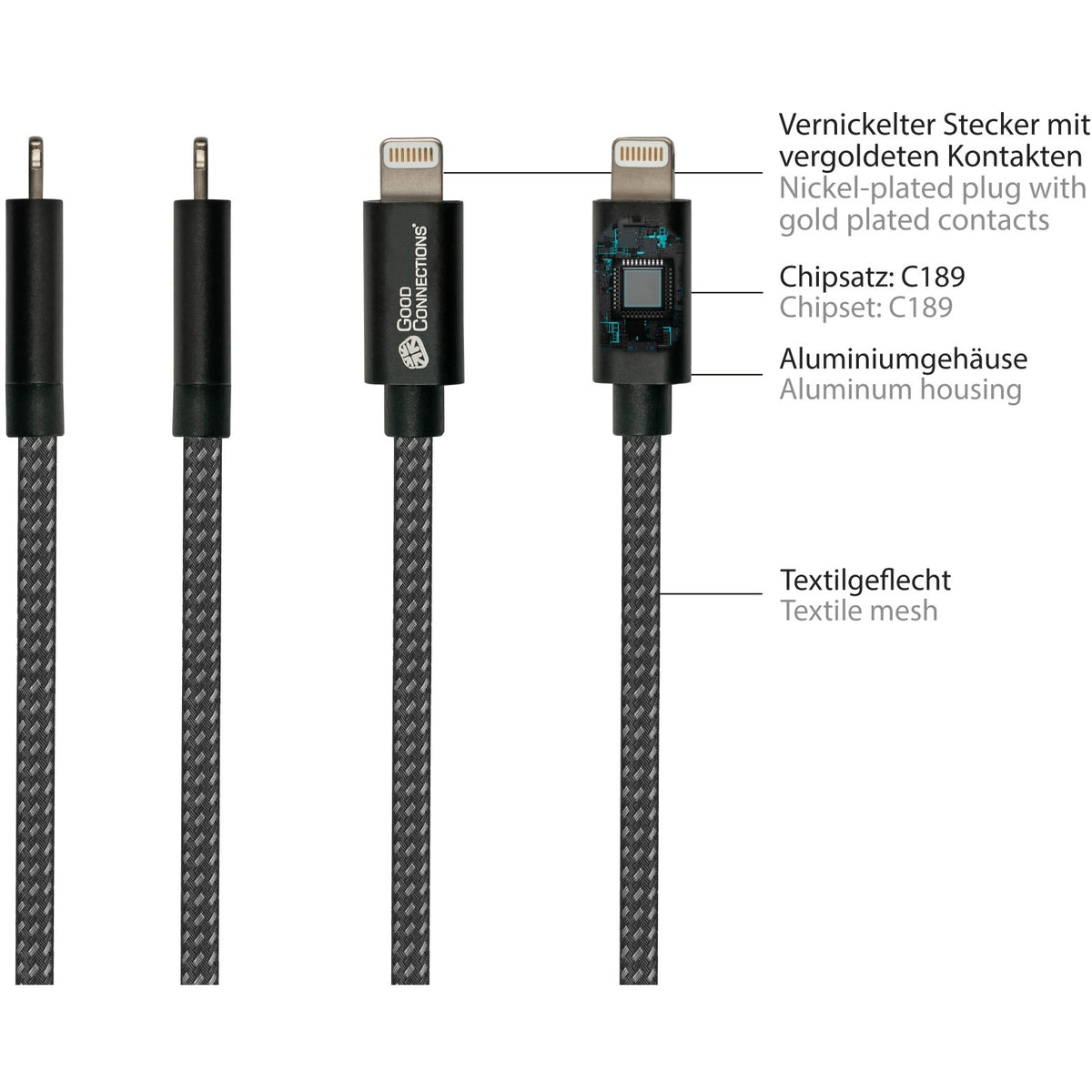 GoodConnections USB-A 2.0 > Lightning (ST-ST) 0,5m Ladekabel Textilmantel 12W Schwarz
