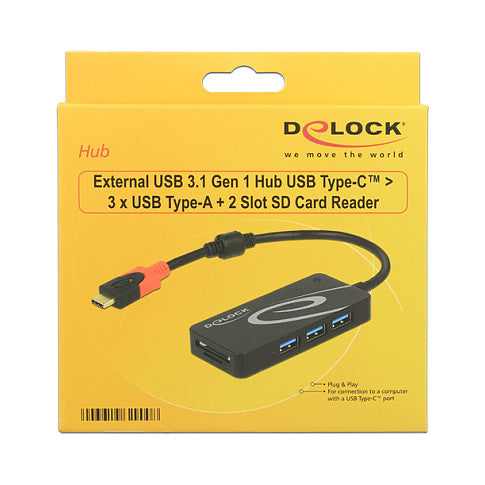 HUB USB 3.0 USB Type-C™ 3 Port extern + 2 x SD Slot schwarz Delock