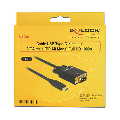 USB C > VGA Stecker DP-Alt Mode Full HD 1080p 1 m schwarz Delock