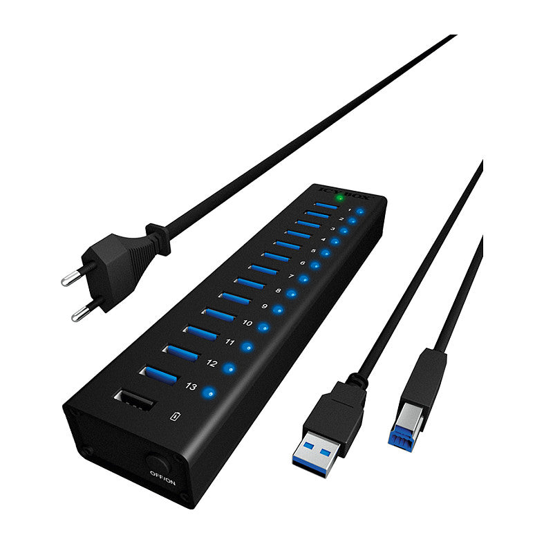 HUB USB 3.0 . 13 Port. +1x Ladeport Aluminium-mit Netzteil ICY BOX