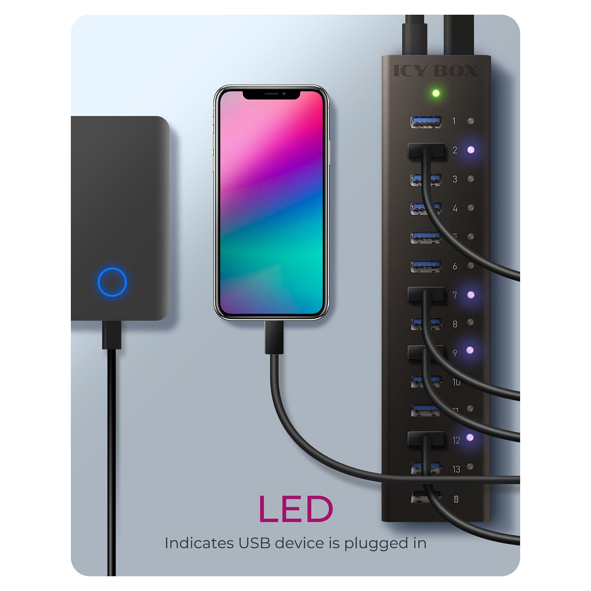HUB USB 3.0 . 13 Port. +1x Ladeport Aluminium-mit Netzteil ICY BOX