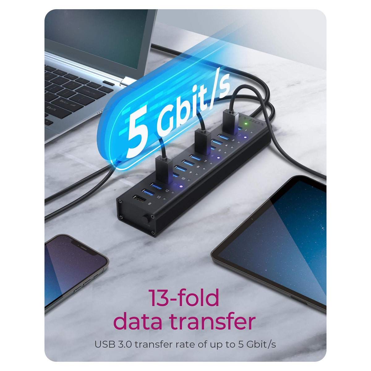 HUB USB 3.0 . 13 Port. +1x Ladeport Aluminium-mit Netzteil ICY BOX