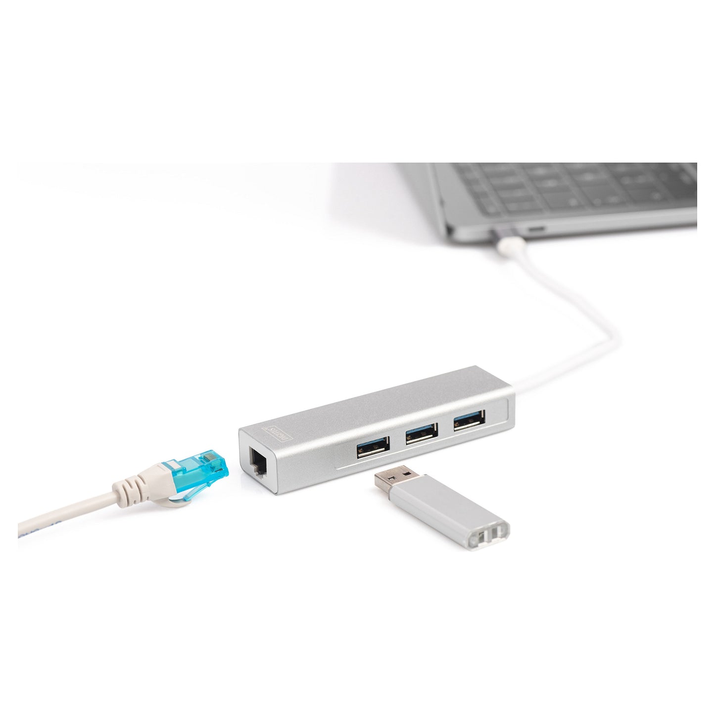DIGITUS USB Adapter USB3.0/C -> GB Ethernet+3-Port-Hub weiss