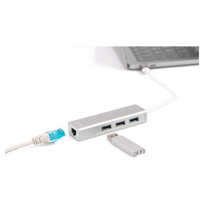 DIGITUS USB Adapter USB3.0/C -> GB Ethernet+3-Port-Hub weiss