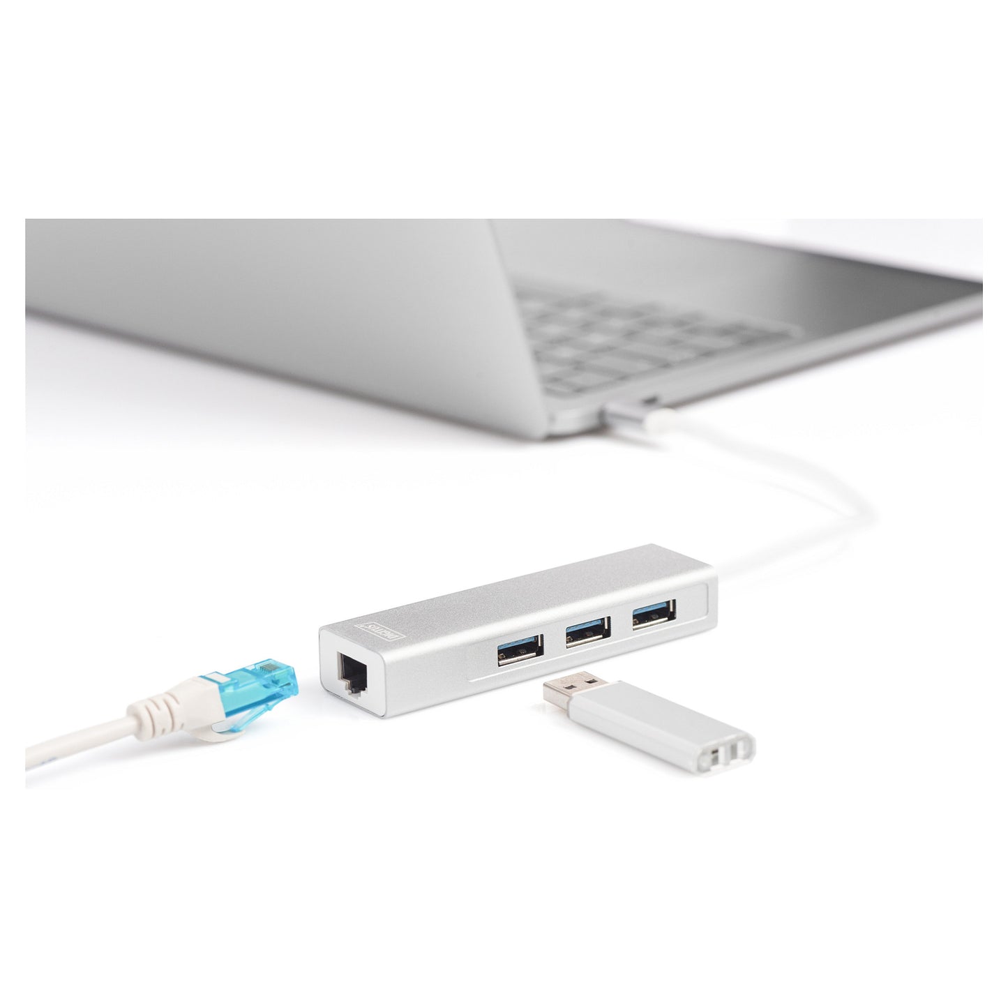 DIGITUS USB Adapter USB3.0/C -> GB Ethernet+3-Port-Hub weiss