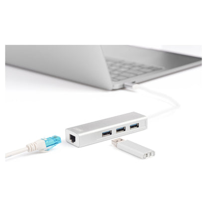 DIGITUS USB Adapter USB3.0/C -> GB Ethernet+3-Port-Hub weiss