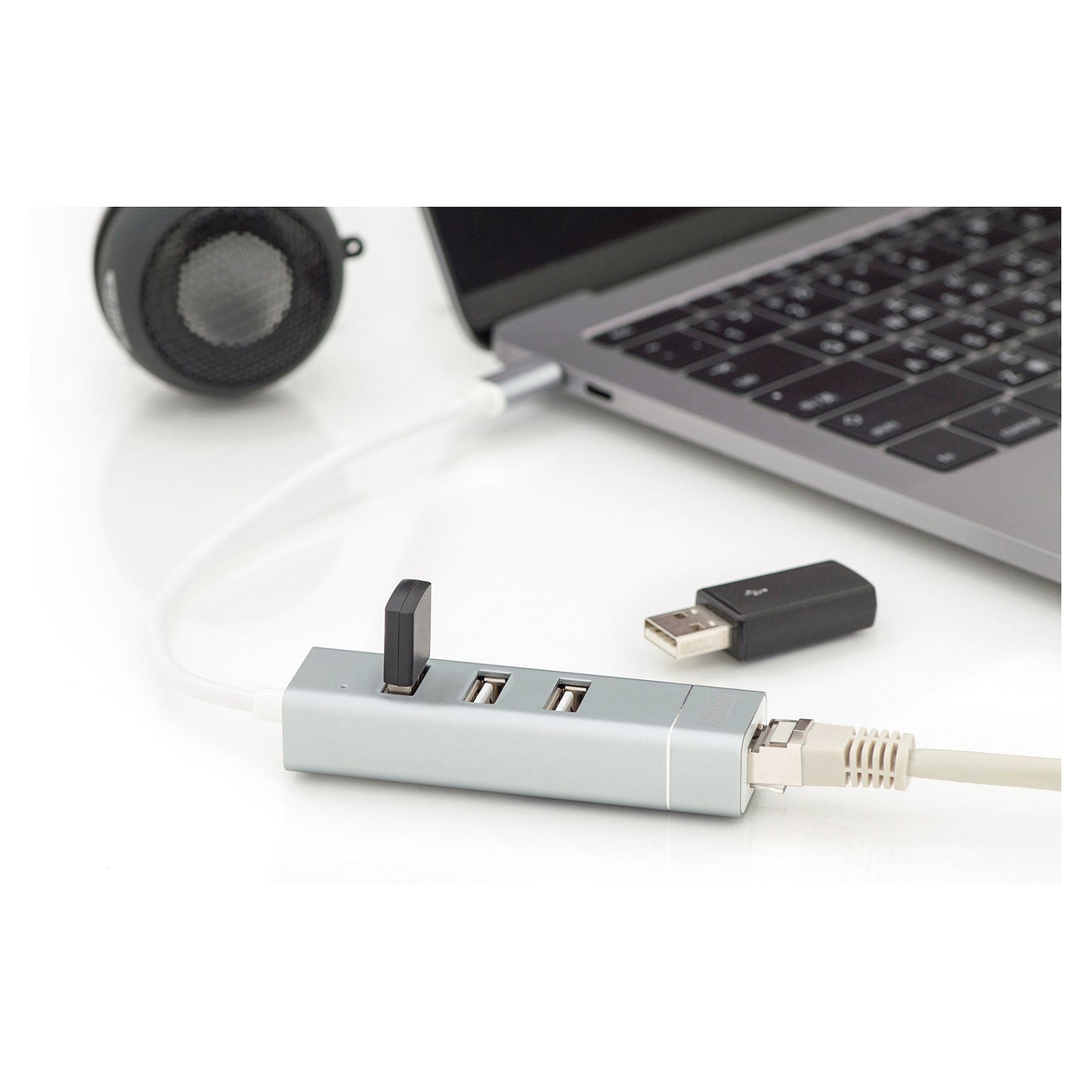 DIGITUS USB Adapter USB2.0/C -> RJ45 Ethernet+3-Port-Hub wei