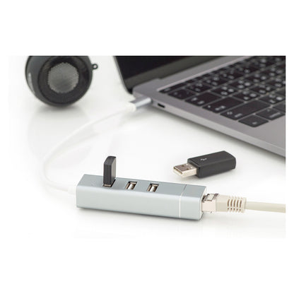 DIGITUS USB Adapter USB2.0/C -> RJ45 Ethernet+3-Port-Hub wei