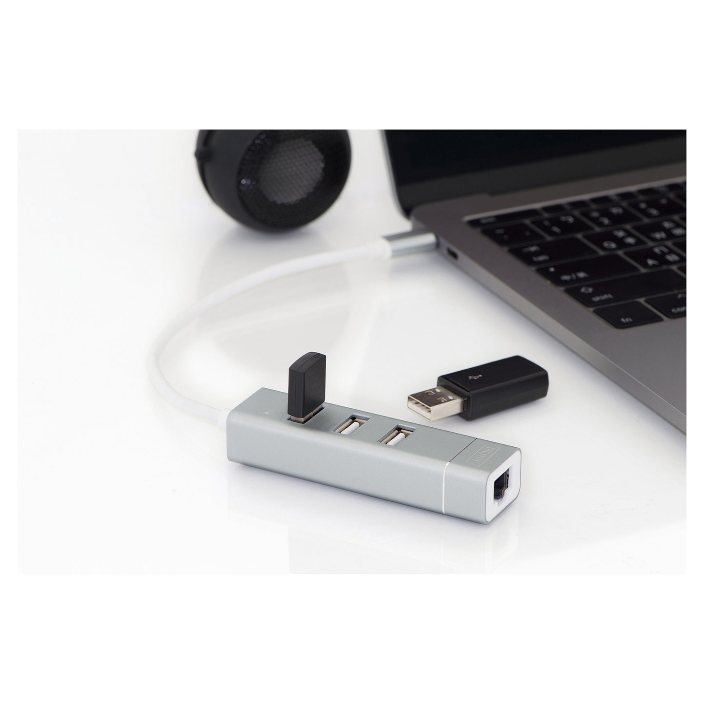 DIGITUS USB Adapter USB2.0/C -> RJ45 Ethernet+3-Port-Hub wei