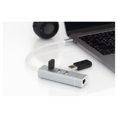 DIGITUS USB Adapter USB2.0/C -> RJ45 Ethernet+3-Port-Hub wei