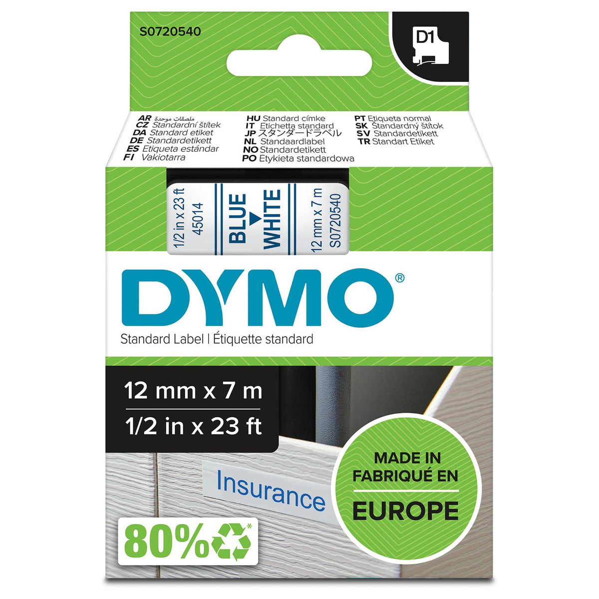 Dymo LabelWriter - D1 Etiketten Selbstklebend - 12 mm x 7 m - Blau auf Weiß - (S0720540)