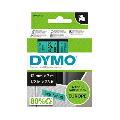 Dymo LabelWriter - D1 Etiketten Selbstklebend - 12 mm x 7 m - Schwarz auf Grün - (S0720590)