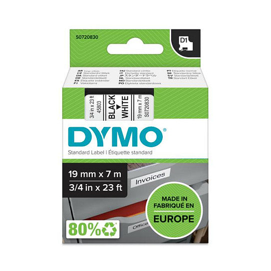 Dymo LabelWriter - D1 Etiketten Glanzband - 19 mm x 7 m - Schwarz auf Weiß - (S0720830)