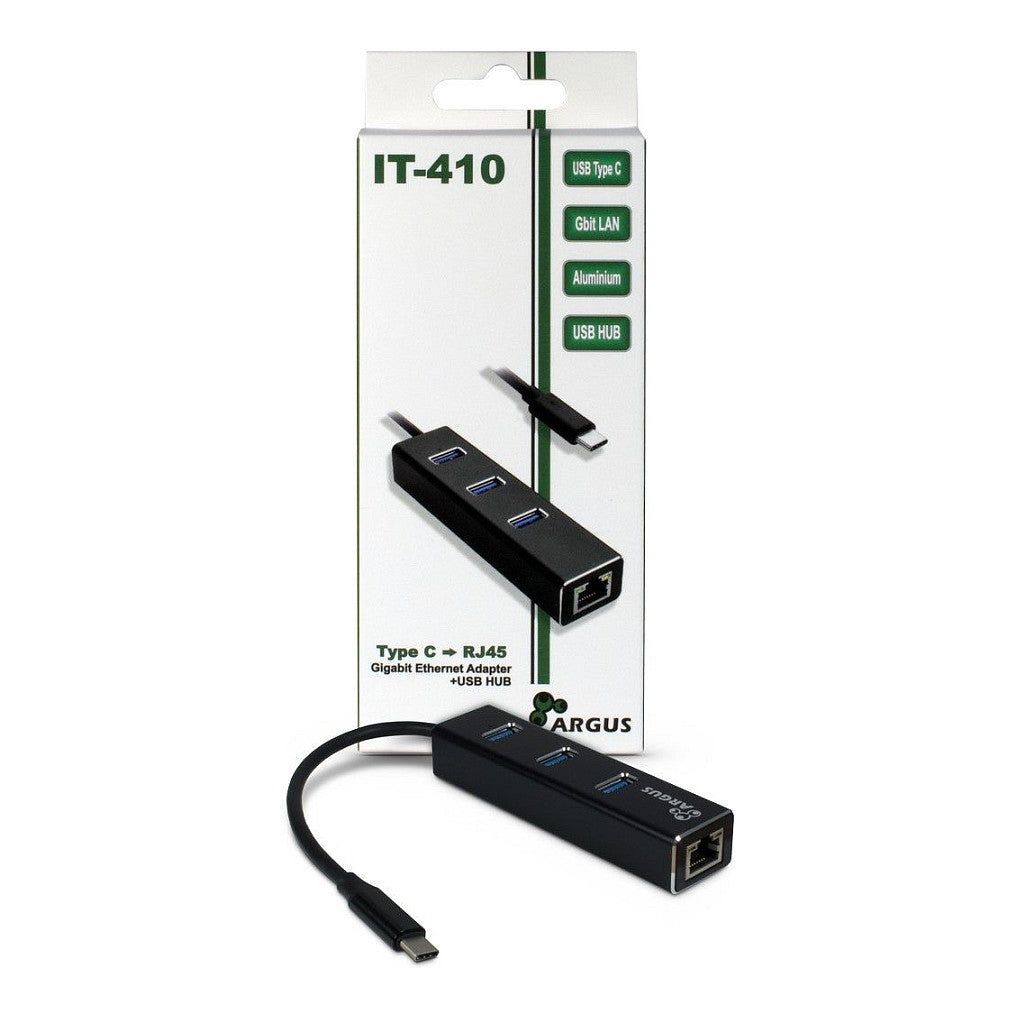 USB-C HUB 3Port Inter-Tech Argus IT-410 1x RJ45 Gigabit Lan passiv Black