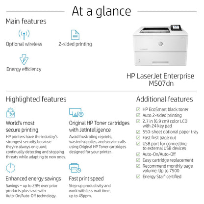 L HP LaserJet Enterprise M507dn S/W-Laserdrucker 43 S./Min. LAN Duplex