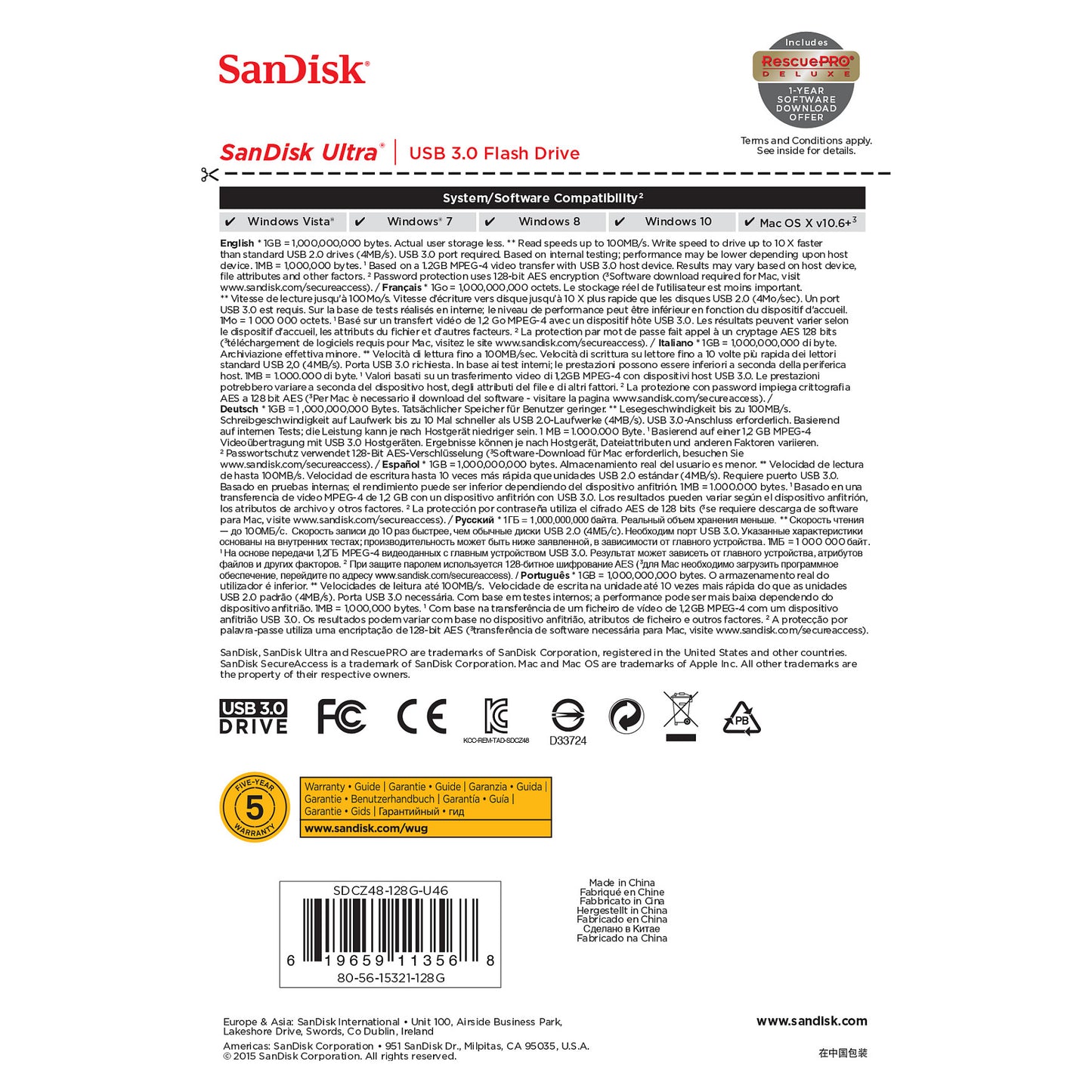 STICK 128GB USB 3.0 Sandisk Ultra black