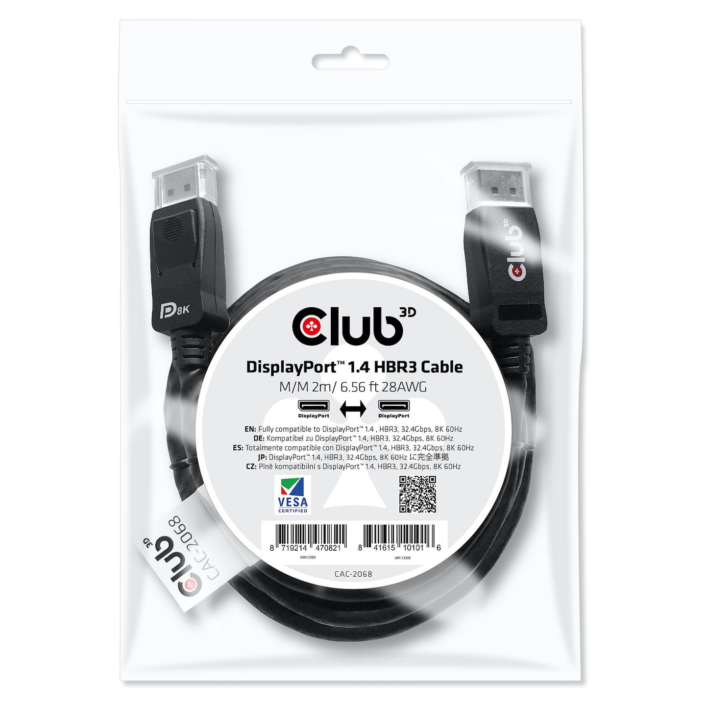 Club3D DisplayPort-Kabel 1.4 HBR3 32.4Gb/s 2m 8K60Hz St/St Polybeutel