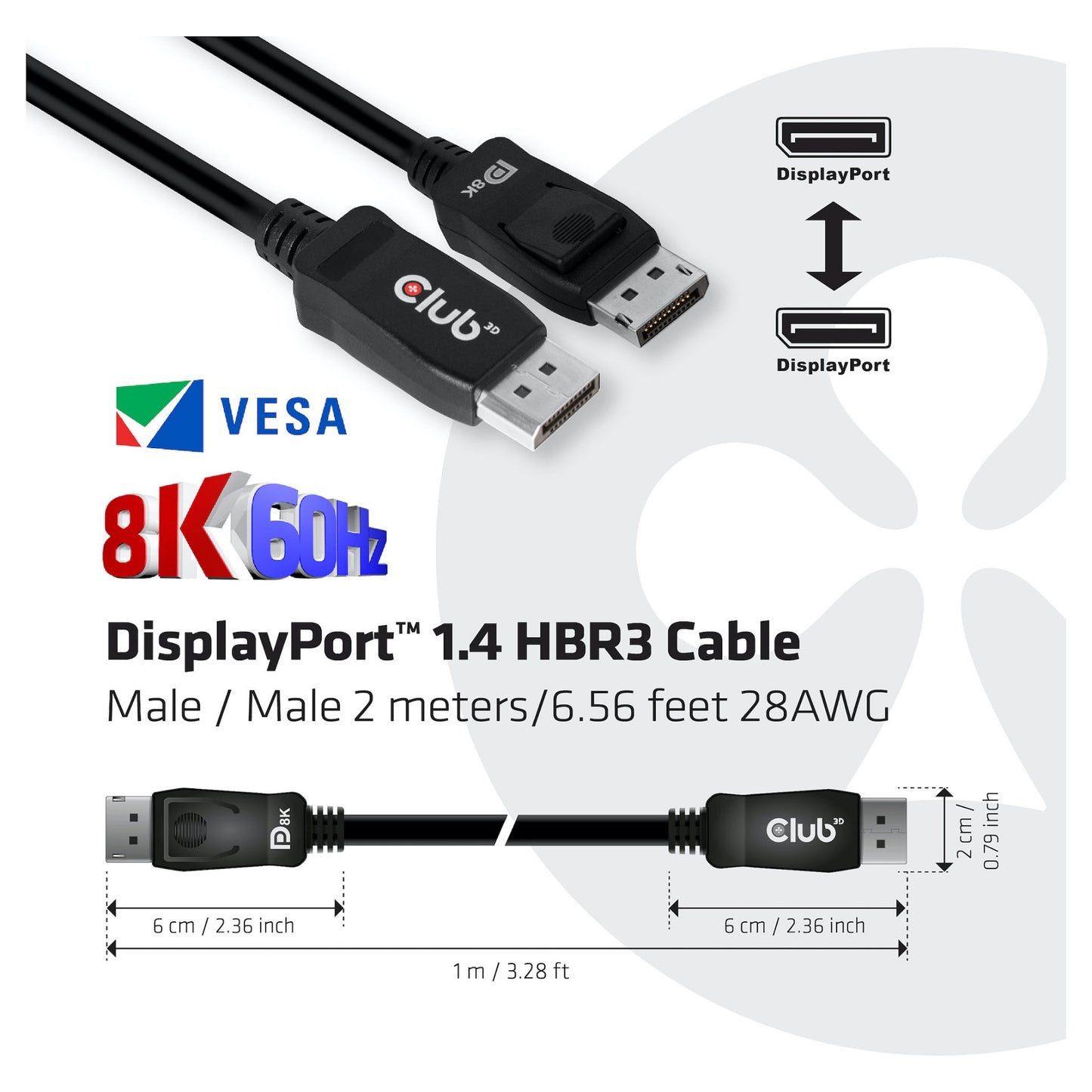 Club3D DisplayPort-Kabel 1.4 HBR3 32.4Gb/s 2m 8K60Hz St/St Polybeutel