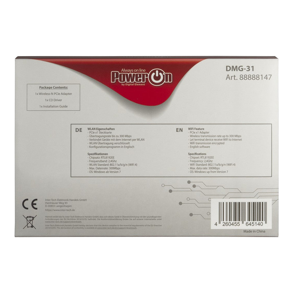 Inter-Tech DMG-31 Eingebaut WLAN - PCI Express - Wi-Fi 4 (802.11n) - 300 Mbit/s - kabellos