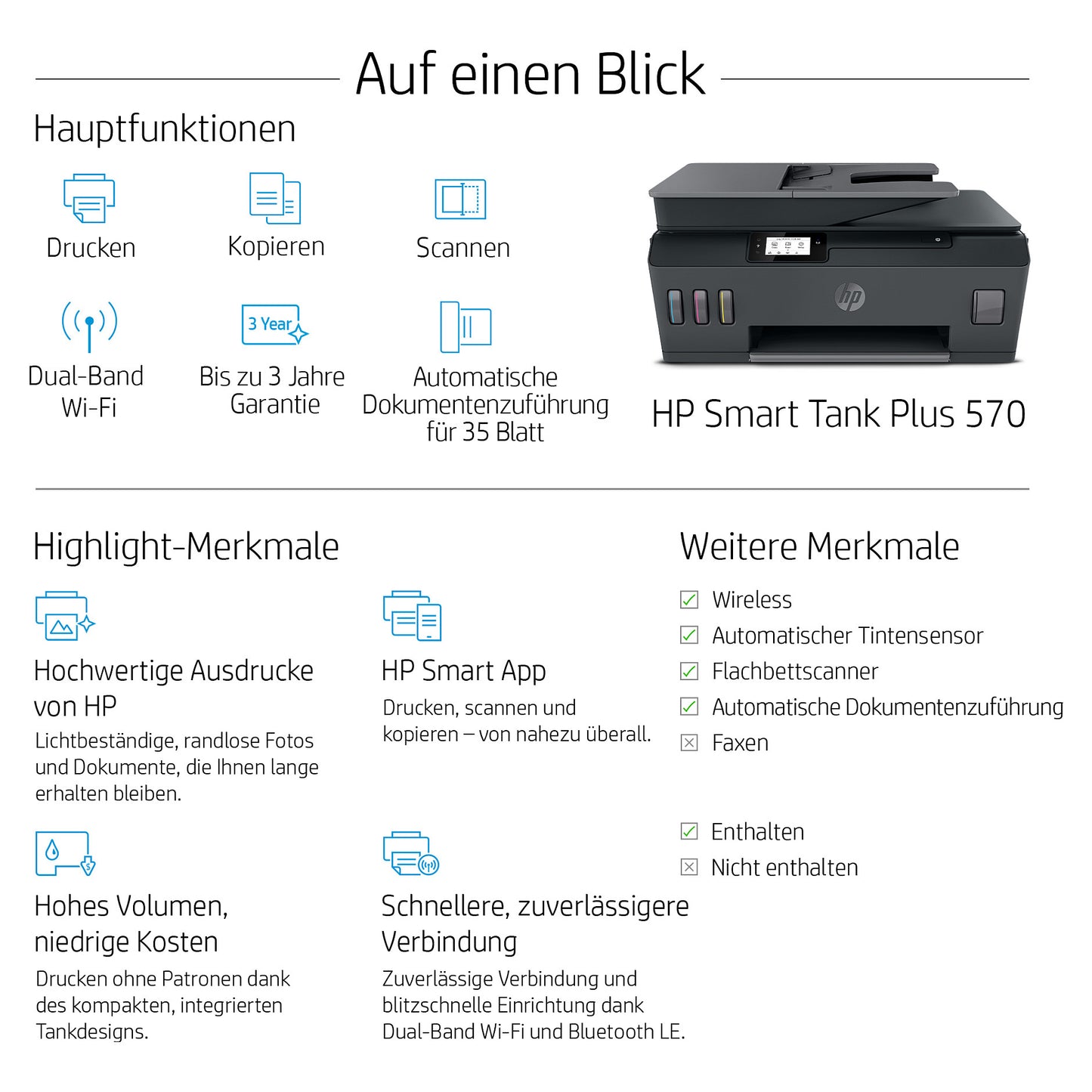 T HP Smart Tank Plus 570 Tintenstrahldrucker 3in1/A4/WiFi/Bluetooth/ADF