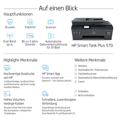 T HP Smart Tank Plus 570 Tintenstrahldrucker 3in1/A4/WiFi/Bluetooth/ADF