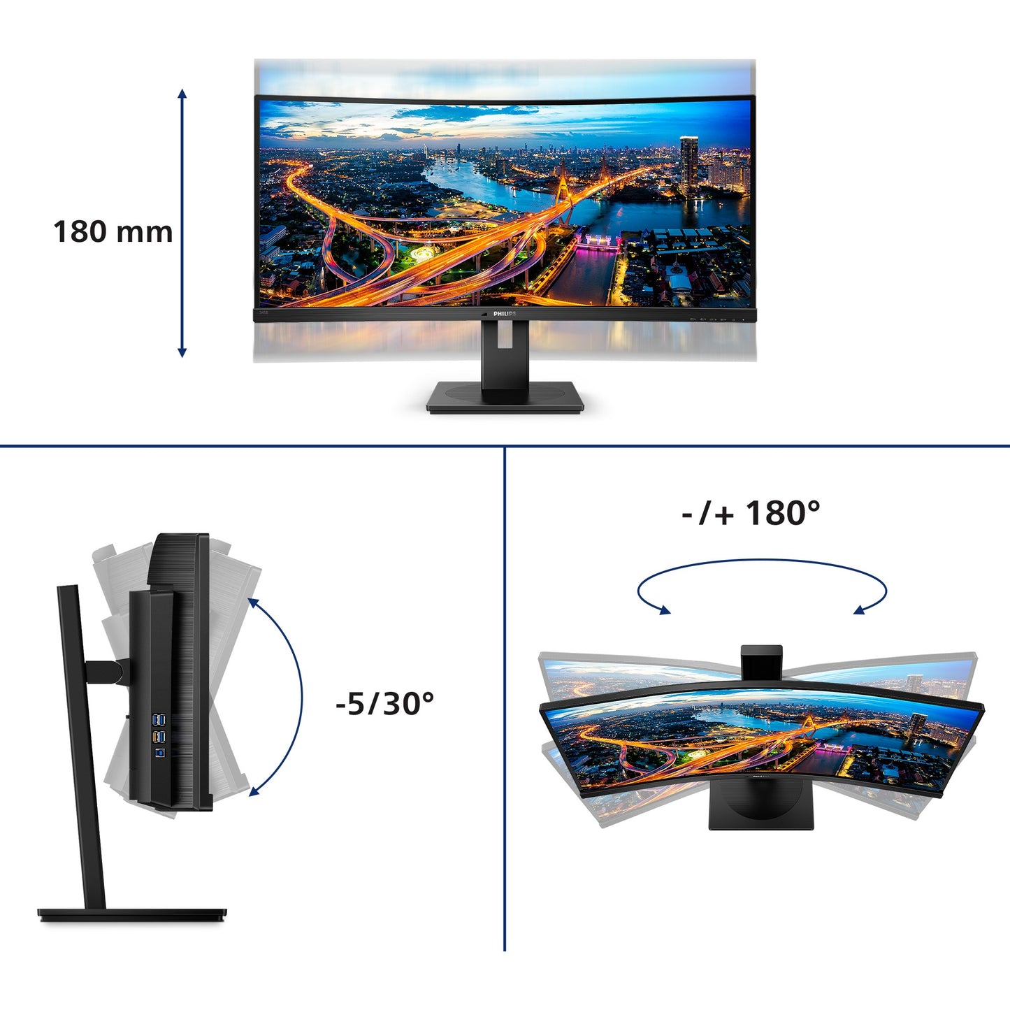 86.4cm/34'' (3440x1440) Philips B-Line 345B1C Curved 5ms 21:9 USB 2xHDMI DisplayPort VESA Speaker WQHD Black