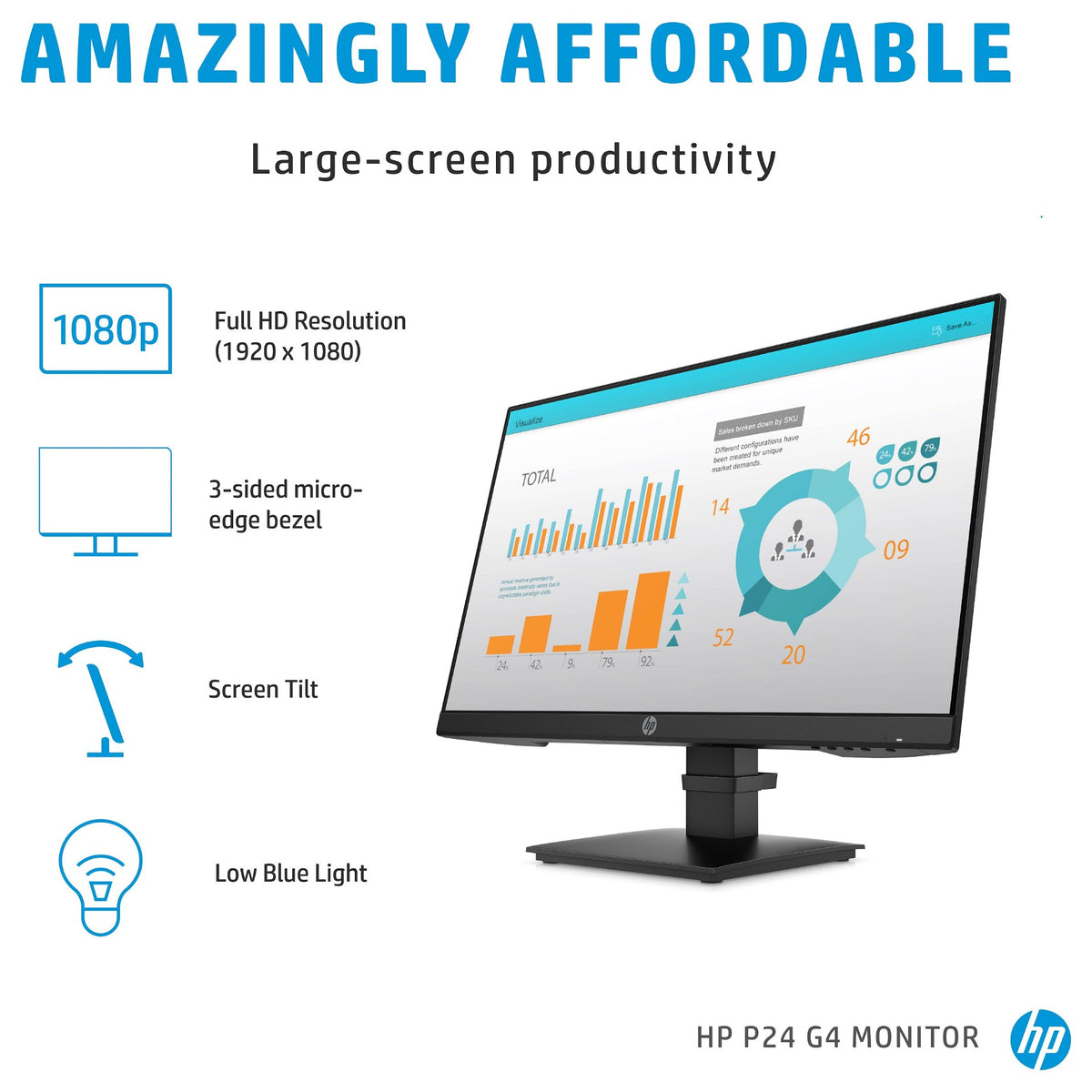 60,5cm/23,8'' (1920x1080) HP P24 G4 16:9 5ms HDMI DisplayPort VGA VESA Full HD Black