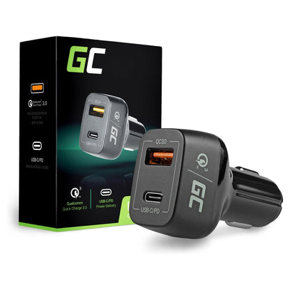 Car Charger Green Cell 1xUSB-C Power Delivery 1xUSB3.0 Quick Charge 12V Black