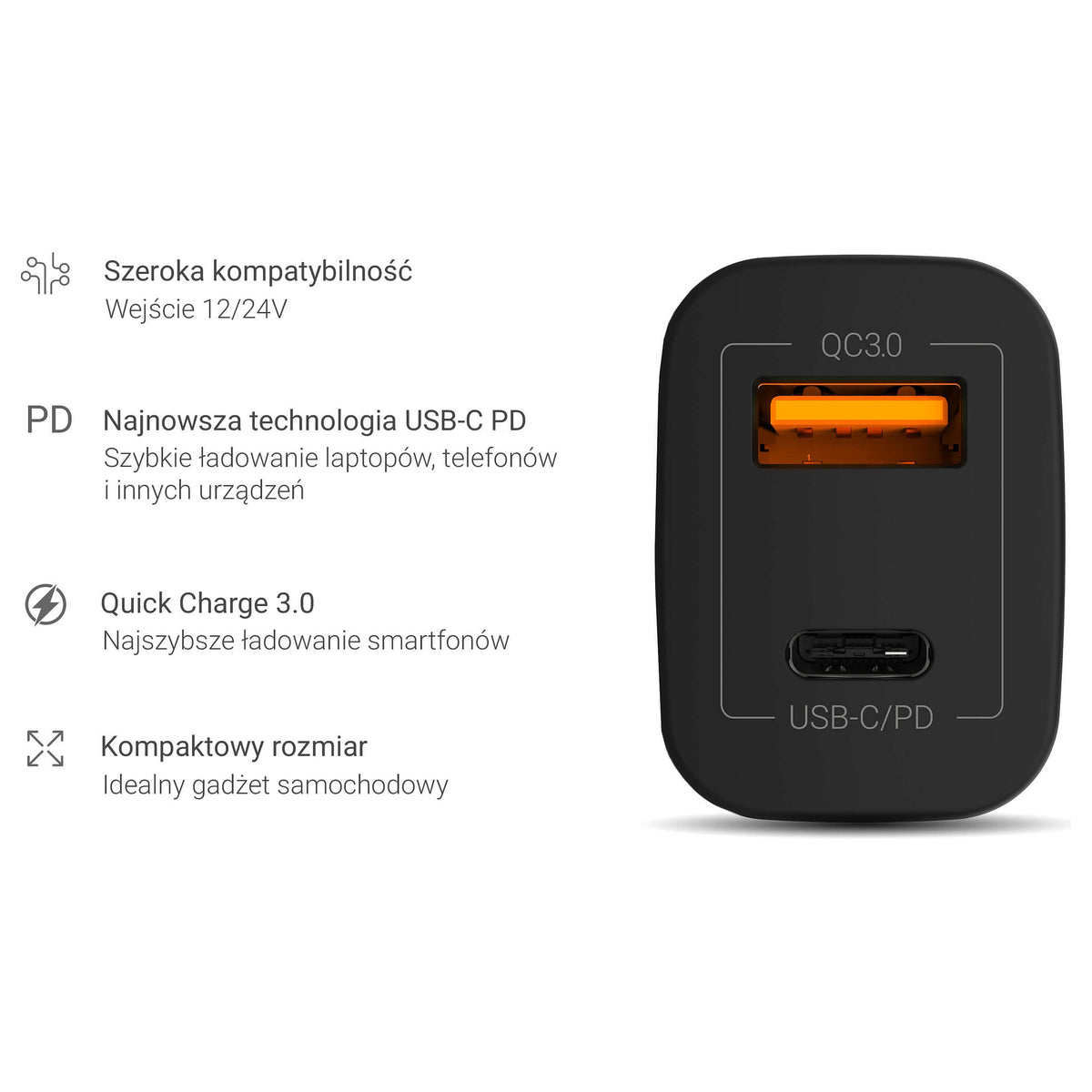 Car Charger Green Cell 1xUSB-C Power Delivery 1xUSB3.0 Quick Charge 12V Black