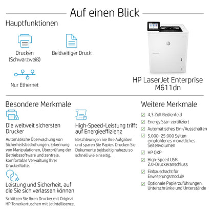L HP LaserJet Enterprise M611dn Laserdrucker 61 S./Min. LAN Duplex