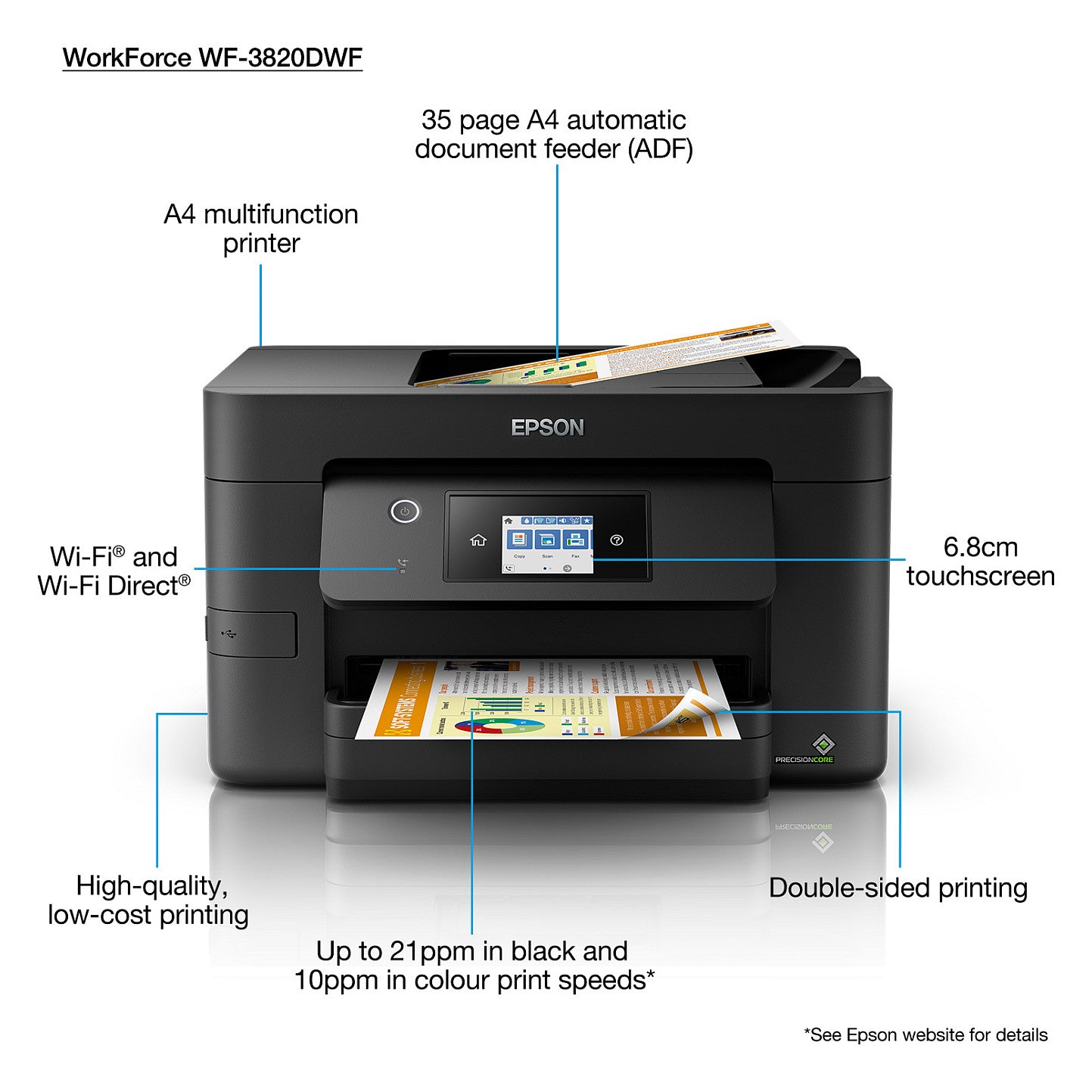 T Epson WorkForce Pro WF-3820DWF Tintenstrahldrucker 4in1 A4 LAN WLAN WiFi ADF