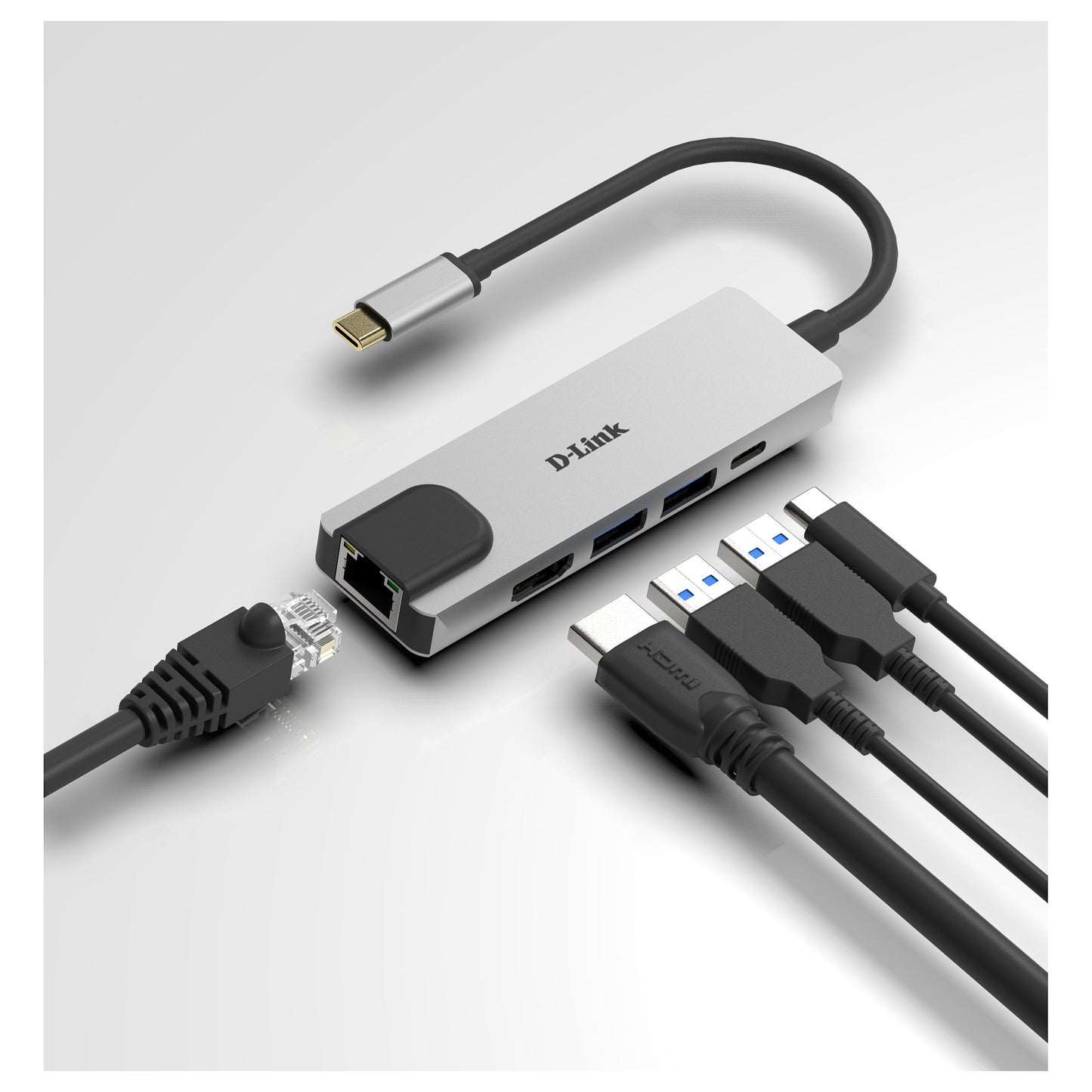 USB-C HUB 5Port D-Link DUB-M520 2xUSB3.2 Gigabit Lan RJ45 USB-C HDMI 4K passiv Silver Black