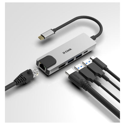USB-C HUB 5Port D-Link DUB-M520 2xUSB3.2 Gigabit Lan RJ45 USB-C HDMI 4K passiv Silver Black