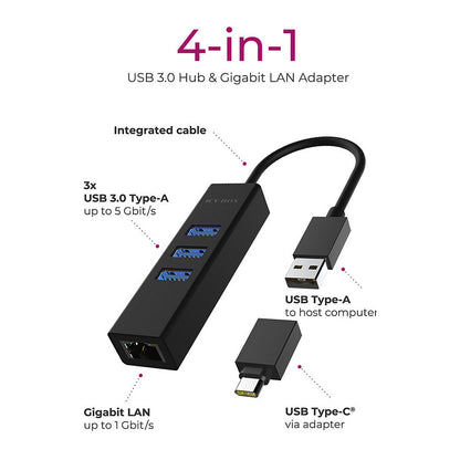 ICY BOX IB-HUB1419-LAN USB 3.0/USB-C HUB 3xUSB 3.0; 1xGigabit LAN