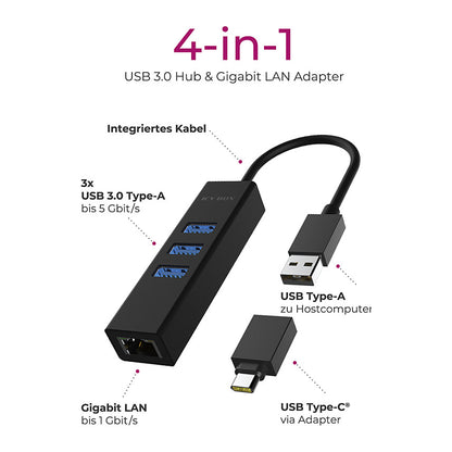 ICY BOX IB-HUB1419-LAN USB 3.0/USB-C HUB 3xUSB 3.0; 1xGigabit LAN