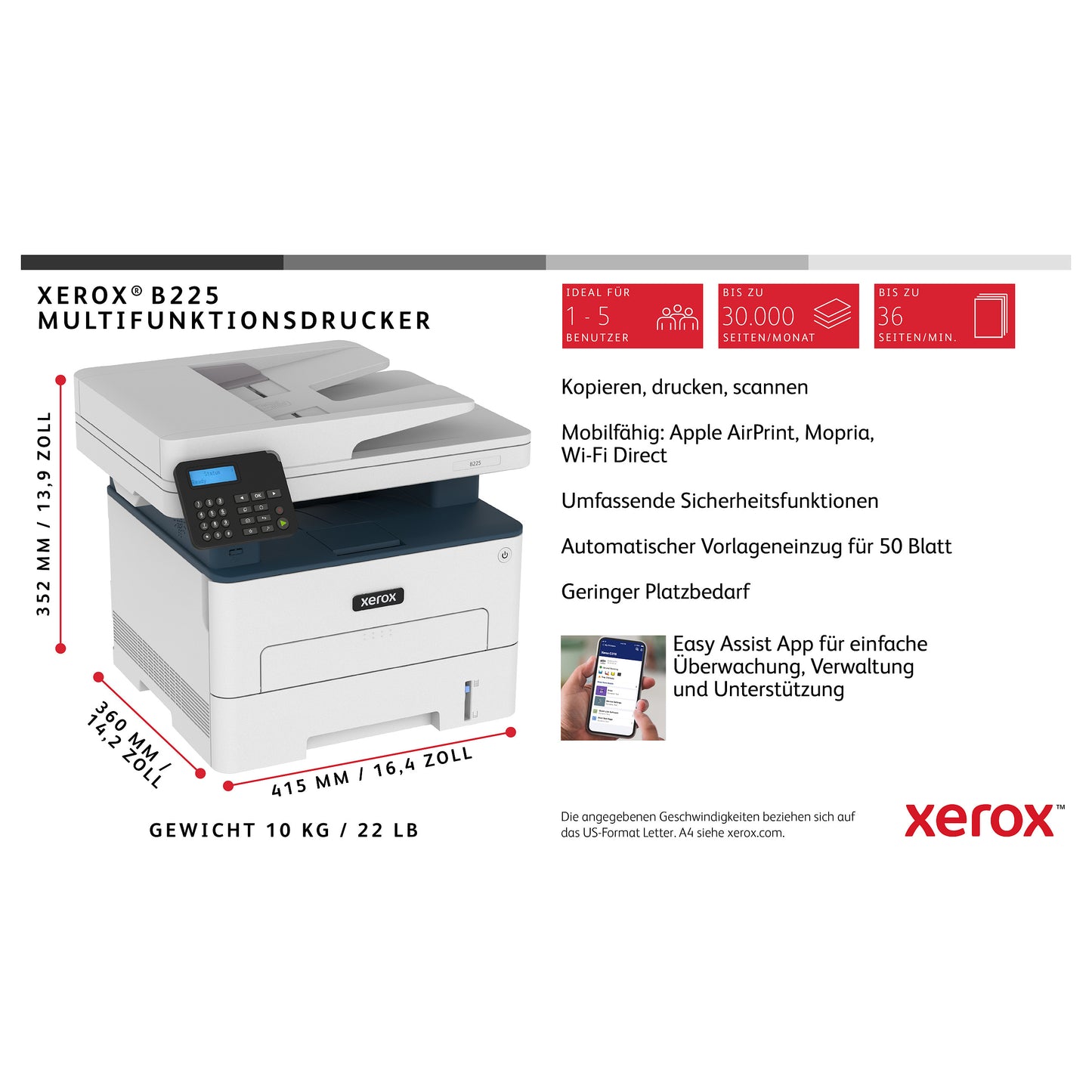 L Xerox B225 S/W-Laserdrucker 3in1 USB LAN WLAN ADF